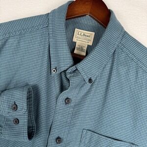 LL Bean Mens L Traditional Fit Houndstooth Flannel Button Down Shirt Teal 298276